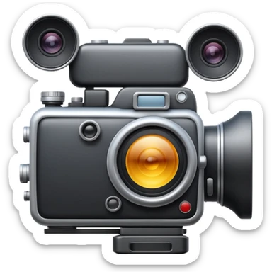 Minimal emoji icon of a huge cinematic metalic camera, front view, realistic lens, no gold sticker