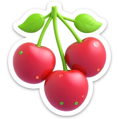 two cherries with green leaves connected by stems, sparkle effect, pink circles in the background, depth, shading, glossy finish, 3D iOS emoji style sticker