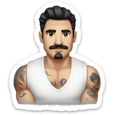 man with a white shirt and black hair, moustache, eyebrow scratch, ear ring and with an arm full of mini tattoos sticker