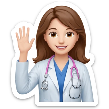 Barbie like emoji of a white woman with brown eyes and long wavy brown hair wearing blue scrubs, white lab coat, pink stethoscope, and raising one hand and a warm smile sticker