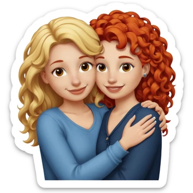 A woman with straight, blonde hair and a nose piercing and a woman with curly red hair and a nose piercing are hugging and smiling together. sticker