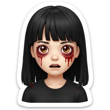 A zombie girl in Apple Memoji format with the longest, straight black hair with bangs, wearing a black shirt. sticker