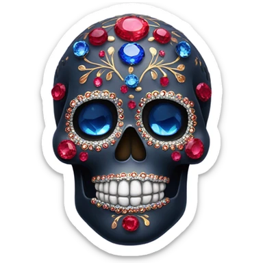 Realistic single isolated decorative sugar skull with sparkling rubies and sapphires in dark colo sticker