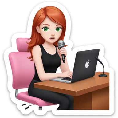 Redhead with green eyes sat at desk with pink MacBook and  podcast microphone black top and pink chair  sticker