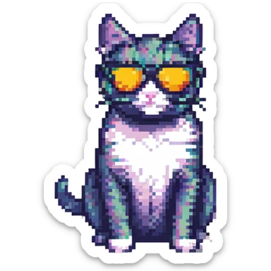 cat wearing sunglasses, retro and blocky pixel art style sticker