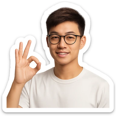 a young Asian man with cool brown short hair, wearing black framed glasses, a white top, making an OK gesture with his right hand, and smiling confidently sticker
