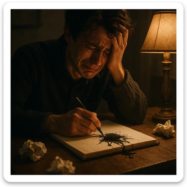 An emotional writer at a desk, tears falling onto a notebook, ink running. Warm lamp lights the scene, crumpled papers on the floor. Artistic, cinematic vibe, overwhelmed expression. sticker