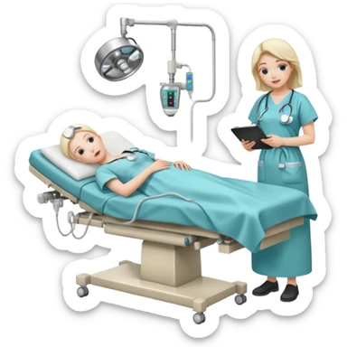 A colonoscopy procedure in progress in a clean, clinical operating room, showing a patient lying on an examination bed while the procedure is being performed, realistic medical environment. sticker