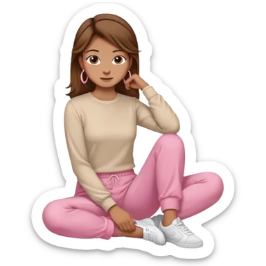 girls, brown hair, tan light brown skin, mid hoop earrings, cream long sleeve top, pink pants, sitting sticker