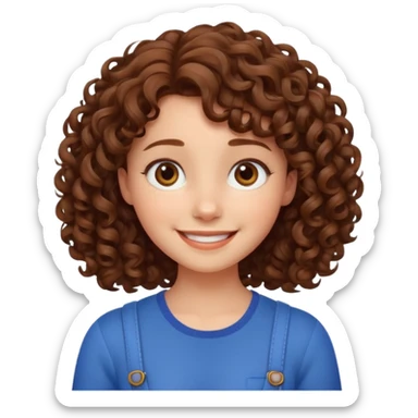 cute brown haired girl with curly hair and bright smile, make it pixar style sticker
