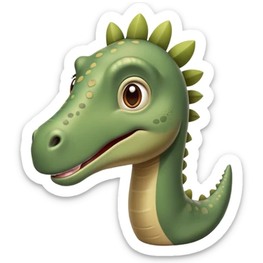 Cinematic Cute Brontosaurus Portrait Emoji, Head tilted playfully with a gentle smile, featuring a charming, massive form with an elongated neck and a small, endearing head adorned with bright, curious eyes, Simplified yet irresistibly adorable features, highly detailed, glowing with a warm, inviting prehistoric glow, high shine, affectionate and lively, stylized with a touch of whimsical ancient charm, soft glowing outline, capturing the essence of a playful Brontosaurus that seems as if it could amble out of the screen into your arms! sticker