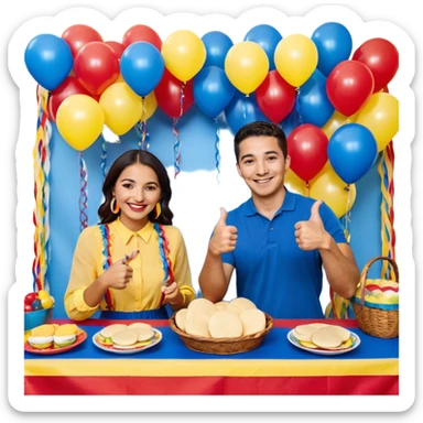 party table decorated with red blue and yellow colors, including a backdrops, balloons arch, streamers and more. On the table are intricate displays of colombian arepas, and baskets of money. In the forefront is a woman and man in simple clothing, big smiles and big thumbs up sticker