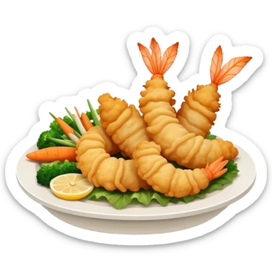 Cinematic Realistic Tempura Dish Emoji, depicted as lightly battered and fried seafood and vegetables rendered with delicate textures and crisp, inviting lighting. sticker