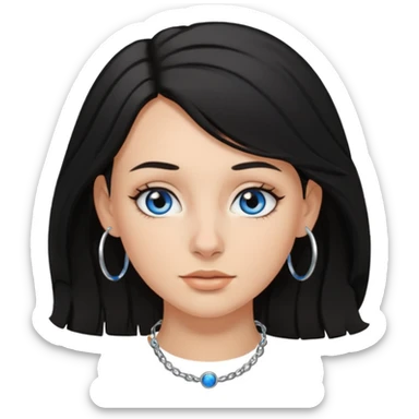 White Girl with black shoulder length hair slightly curly, has a tan, blue eyes, nose ring hoop sticker