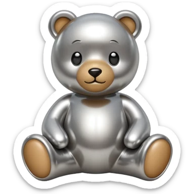 A cute teddy bear emoji made of liquid silver chrome, smooth rounded body, glossy metallic surface, soft reflections, friendly proportions, iOS emoji style, centered, clean white background sticker