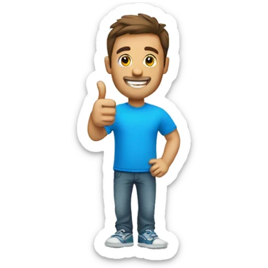 a man in a blue T-shirt smiles and shows a thumbs up sticker