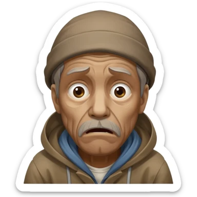 homeless man with a dead stare, looking into the abyss, shocked by overwhelming information sticker