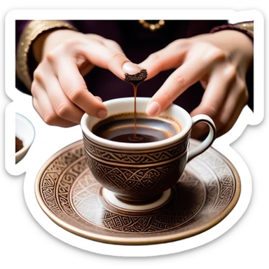 An empty Turkish coffee cup sitting on a saucer, with dark coffee grounds forming intricate and mysterious patterns inside the cup. The cup has been turned over, leaving a distinct ring of coffee residue on the saucer. A fortune teller’s hand is gently lifting the cup, revealing hidden symbols and shapes in the leftover grounds, creating a mystical and intriguing atmosphere sticker