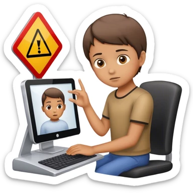 un niño trabajando con el ordenador, y en la pantalla un señal de advertencia sticker