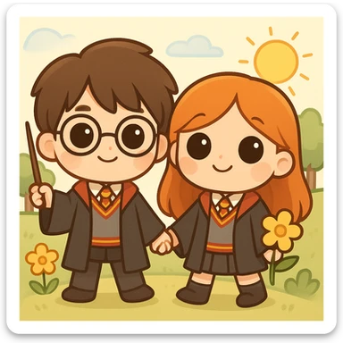 Transform Harry Potter and Ginny Weasley into an even more chibi style with larger heads, smaller bodies, and big expressive eyes, while keeping the simple line style and the original background scene. sticker