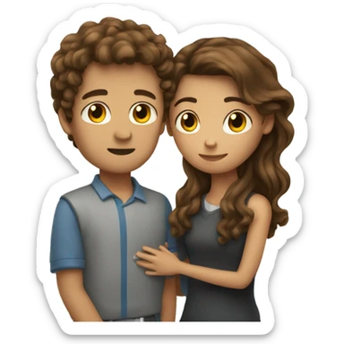 Girl with long straight brown hair facing a guy with short curly brown hair hugging sticker