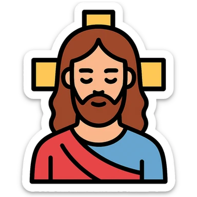 Icon-style Jesus, minimalistic color palette, outlined features, peaceful face, subtle cross in background sticker