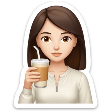 white brunette with brown eyes and a white outfit, drinking a caramel machiatto sticker