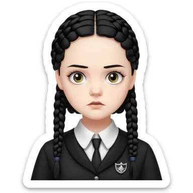 Draw Wednesday Addams (Jenna Ortega) with pale skin, black braids, dark uniform, white collar & intense stare. sticker