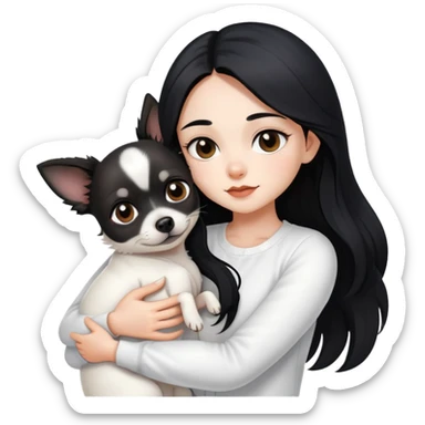 Fair skin girl - long black hair - white clothes - hugging a black chihuahua sticker