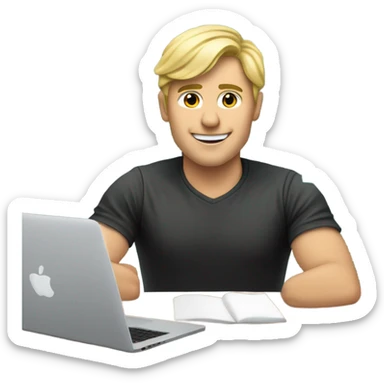 male ,Desk with macbook and pcb, european blond with classs sticker