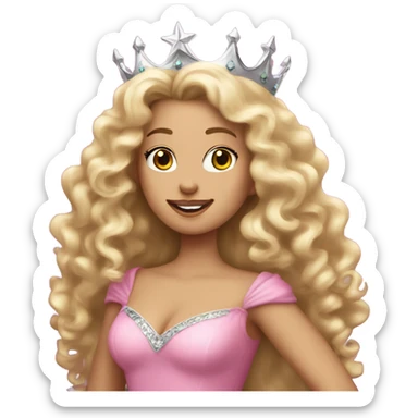 Woman with long blonde curly hair and a silver crown, waring a big pink gown and a magic wand that matches her crown sticker