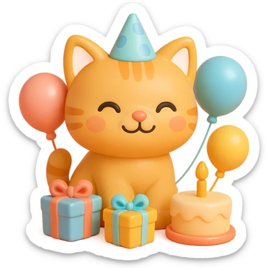 ginger tabby kitten with birthday hat, surrounded by balloons and presents, smiling, birthday cake nearby sticker