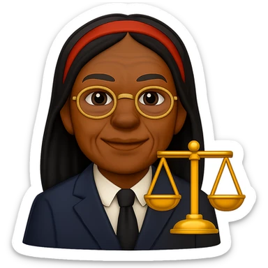 Make the Black woman lawyer look older, with subtle signs of age such as gentle smile lines and a mature, confident expression. Keep the long black hair, red headband, and strong, sharp personality. Render in emoji style with transparent background. sticker