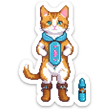 a cat in boots standing on its hind legs and holding a Viagra pill in its front paws sticker