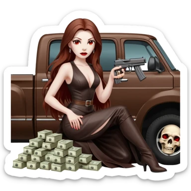Lilith symbol red eye seductress evil long brown haired sexy succubus woman with leather long dress with slit on, sitting in Big Large F350 pickup truck. Back seat full of stacks of cash, she is  Holding a human skull of her enemies and a gun in other hand sticker