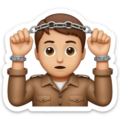an emoji with this face 😔 holding out its hands in handcuffs below its face.  sticker