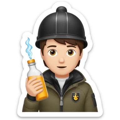 erstell ein bild Von eine jungen der braune augen hat eine sturmhaube trägt und eine Jacky flasche in der Hand hebt plus eine Jacke mit schwarzen fell sticker
