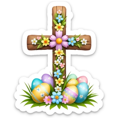Easter cross decorated with spring flowers and Easter eggs sticker