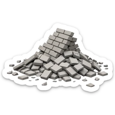 3D iPhone style emoji of a pile of bricks, roof pieces, and wall rubble, scattered and broken, isolated on white background, soft shadows, high detail, playful and cute sticker