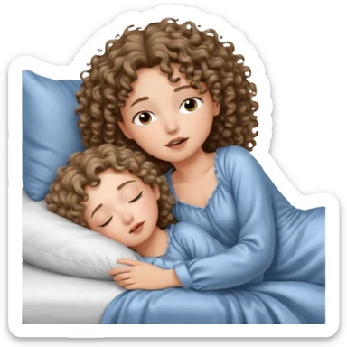 یه دختر مو فرفری با موهای موج دار که یه لباس خواب  کرومی تنشه و خوابیده تو تختش و داره خروپوف میکنه sticker