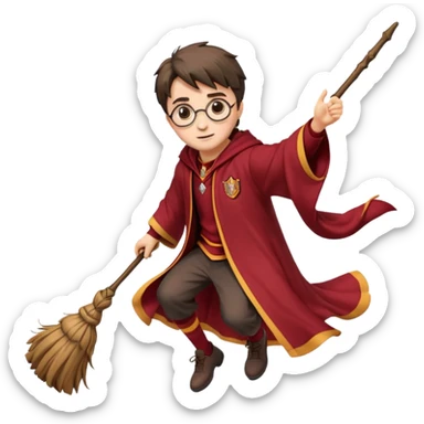 Cartoon-style illustration of Harry Potter flying on a broomstick, Gryffindor red and gold outfit, expressive face, dynamic motion, magical vibe, smooth shading, vibrant colors, no background, transparent background, isolated character. sticker