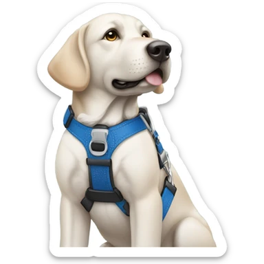 Black guide dog wearing a blue collar and a brown and white harness sticker