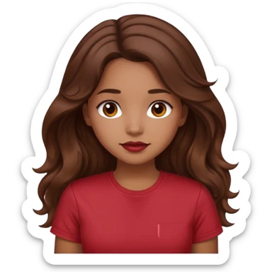 Light brown girl with long wavy brunette hair and blush, wearing dark red tshirt sticker