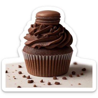 Change the icing to chocolate while keeping the realistic cupcake and accessories in a photorealistic style. Maintain transparent background. sticker