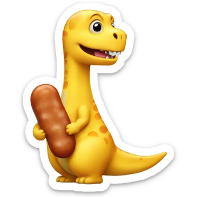 a cute fat yellow dinosaur is eating a jumbo sausage sticker