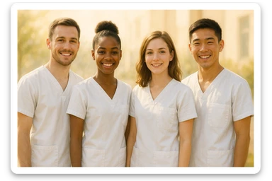 realistic illustration of four nursing students standing side by side without touching, warm atmosphere, wearing short-sleeved white uniforms, no undershirts, no stethoscopes, soft and bright background sticker