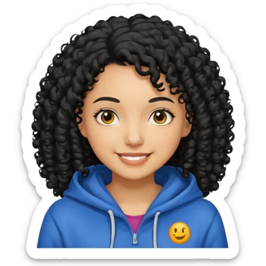A women with a black curly hair who wear a hoodie and that hoodie have a some smorf sticker