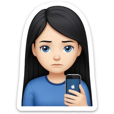 Cartoon emoji of a girl with long, straight black hair, fair skin, gentle blue eyes. Wearing a navy top, looking miserable and stressed, scrolling on her phone or watching TikTok. Smooth, simple, stylized. sticker