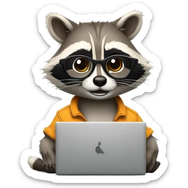 raccoon freelancer in glasses with laptop sticker