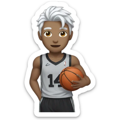 Chinese idol wearing white straps, gray pants and black shirt with white hair, holding a basketball in his right hand sticker